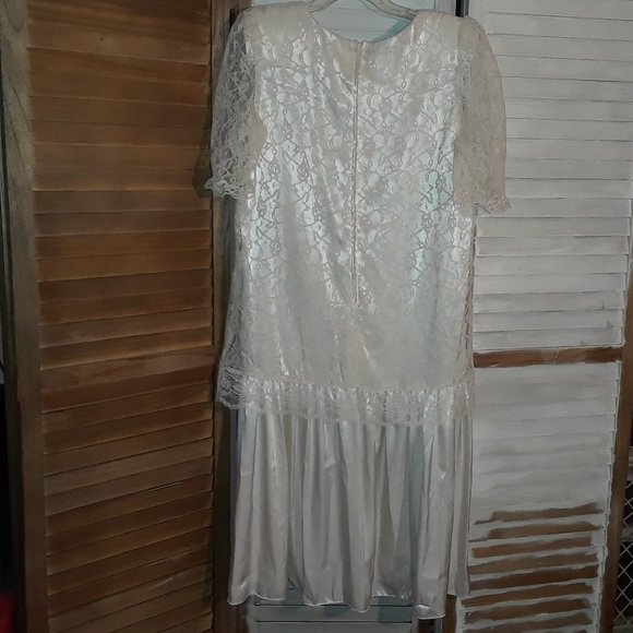 Vintage, Lace Overlay Midi Dress, Short Sheer Lace Sleeves - Picture 2 of 6